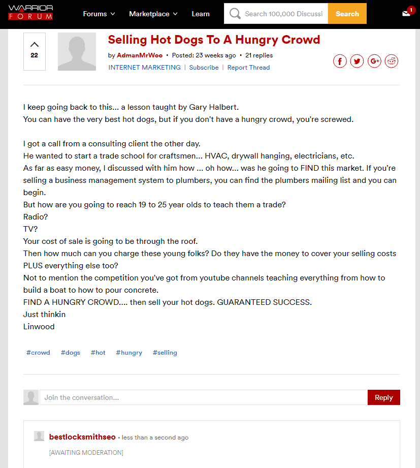 Example of a blog comment backlink, which no longer carries weight